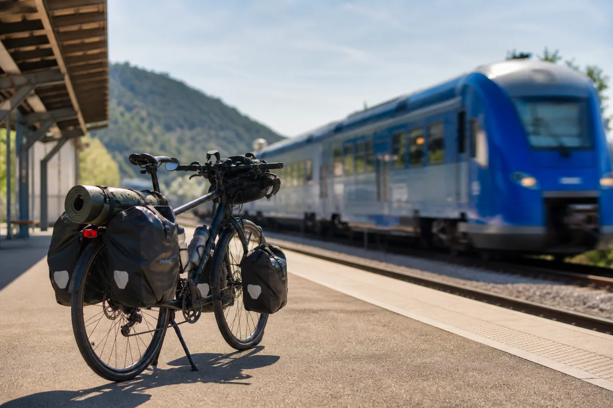 Vélo de voyage chargé de sacoches stationné sur un quai de gare devant un train régional