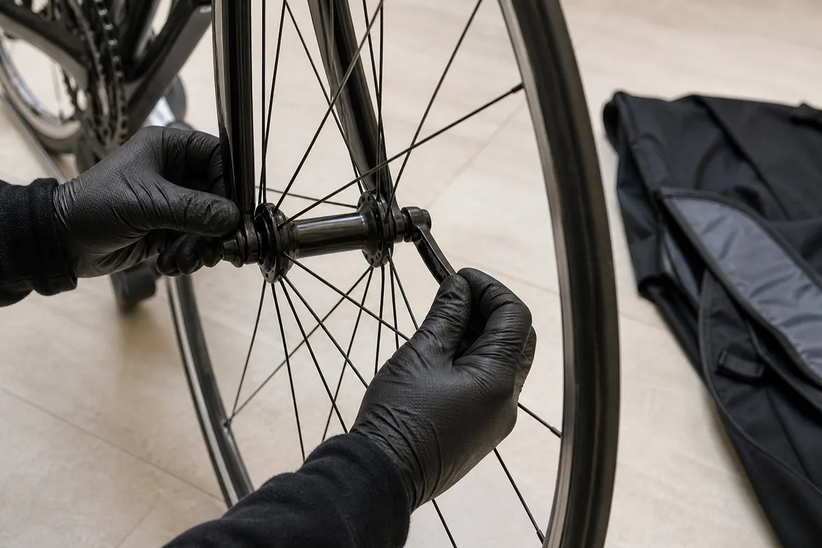 Mains gantées desserrant la roue avant d’un vélo de route posé au sol avant emballage