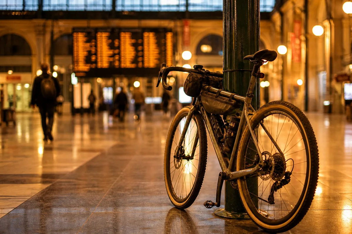 Cycliste en tenue de voyage consultant les horaires sur un panneau lumineux de gare, vélo à côté